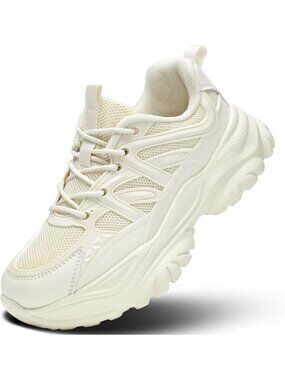Women's  Beige mesh soft sole non slip walking fashion athletic chunky sneakers
